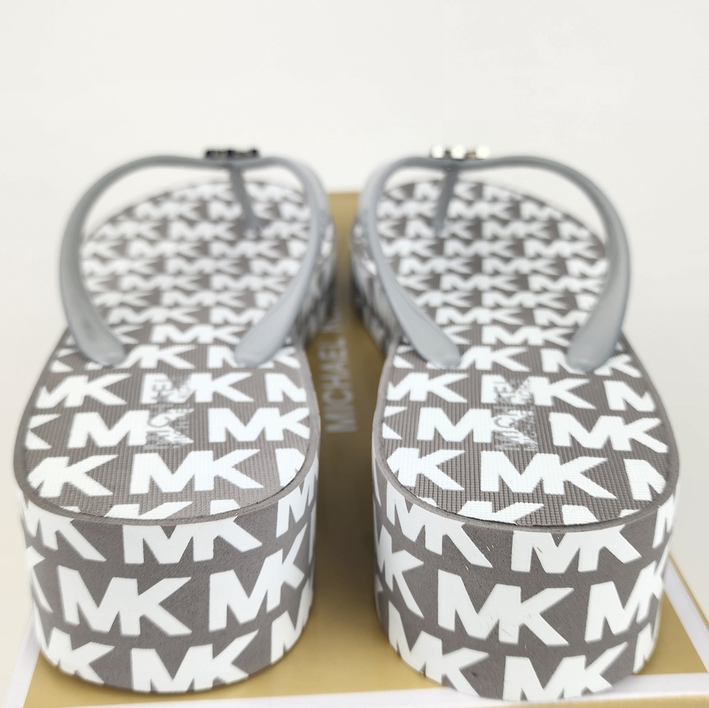 New Michael Kors Sandals Wedge Platform Taupe White Silver Bedforf Glam New - Picture 5 of 7